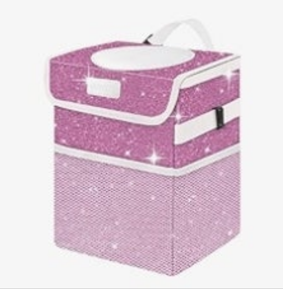 Cute Mini Car Trash Bag with Lid, Glitter Garbage Can Bin Hanging for Back/Front Seat/Console, Waterproof, Leakproof, 2.5 Gallon, Bling Sparkly