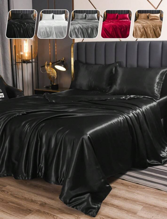 3/4pcs Satin Bed Sheet Set, Bedding Set, Fitted Sheet Set, Solid Color Sheets Set, Soft And Silky Comfortable Mattress Cover Set, Breathable Mattress Protector Set, For Bedroom, Guest Room, Hotel, For Queen King Twin All Size, Cover For Mattress Protector