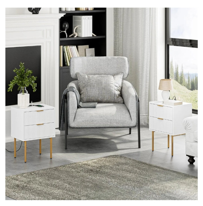 Nightstand with Charging Station, Mid-Century Modern Bedside Table with 2 Storage Drawer, Small Gold Frame Side End Table for Bedroom, Living Room (White)