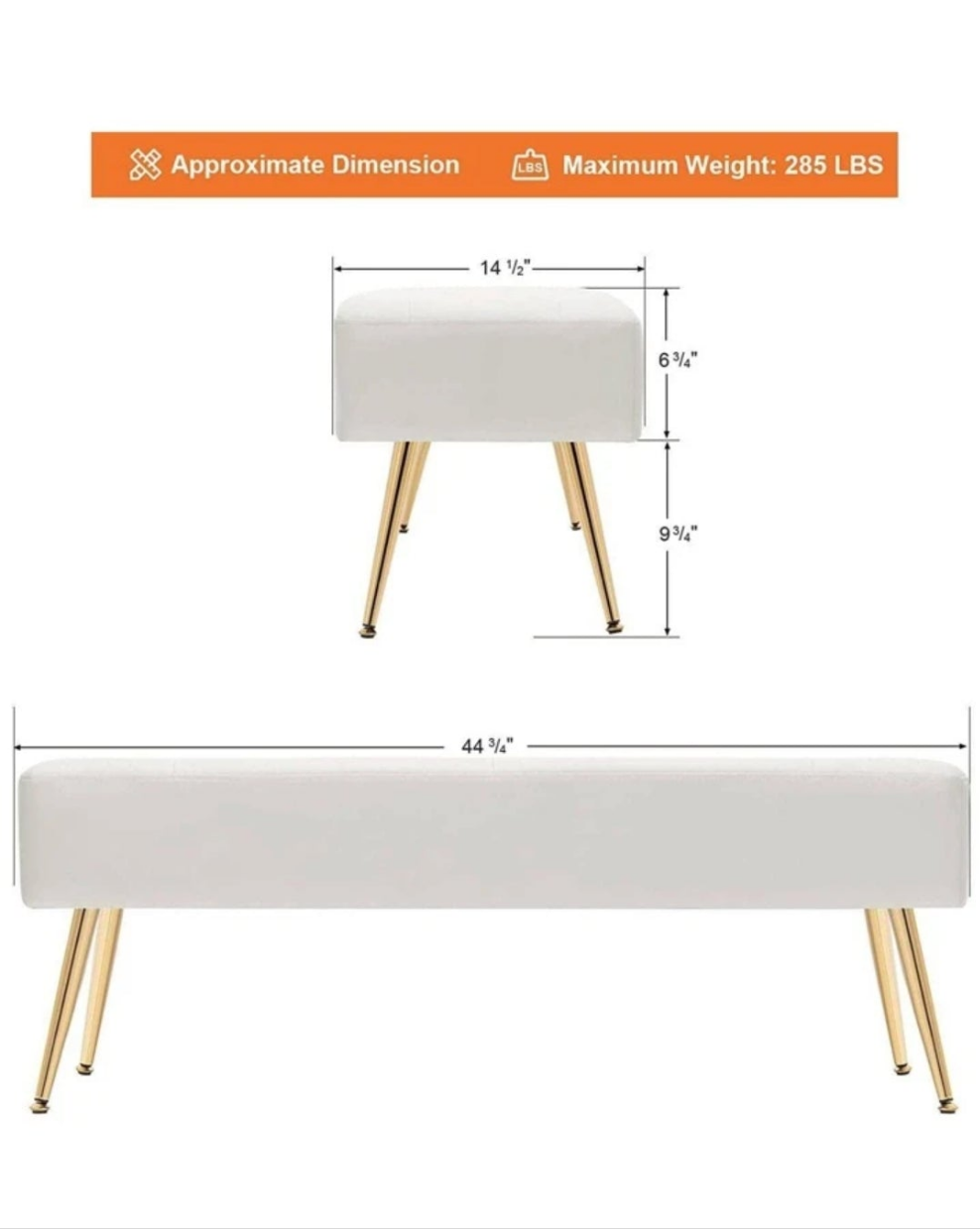 44.75" White PU Leather Ottoman Bench For Living Room Modern Button-Tufted Upholstered Bed Bench With Gold Legs Luxurious Vanity Bench For Makeup Room Entryway Fumahaus 44.75" White PU Leather Ottoman Bench For Living Room Modern Button-Tufted Up