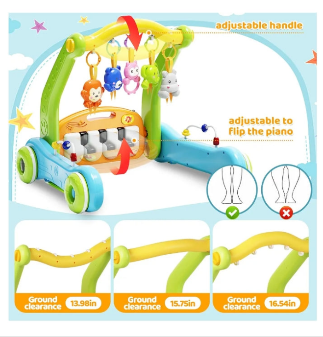Baby Gym Play Mat with Walker, 2 IN 1 Kick and Play Piano Activity Center with Light & Music, Tummy Time Mat & Baby Push Toys for 0-6 12-18 Months, Sit-to-Stand Learning Walker for Infant Toddler Gift