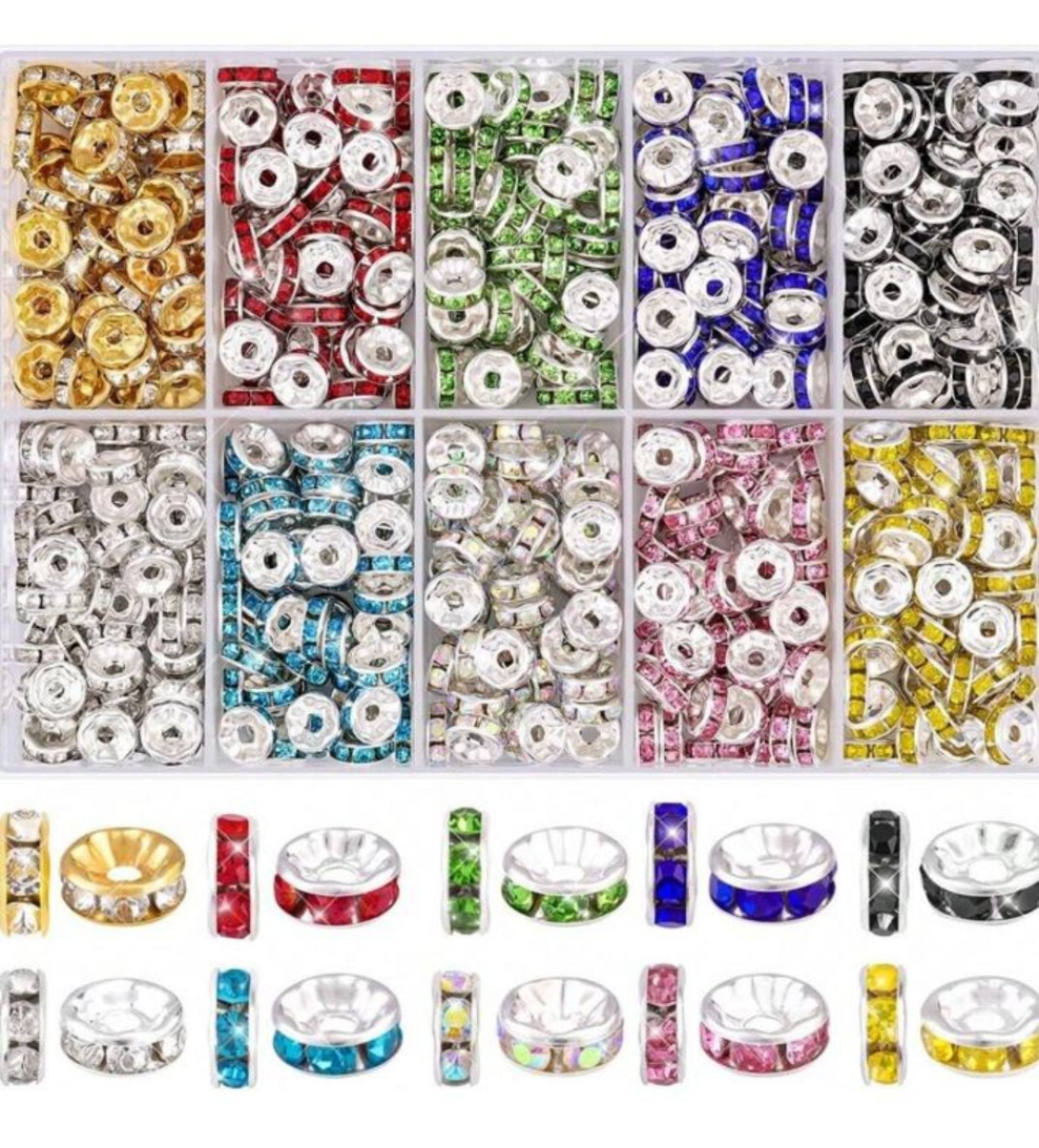 600pcs 8mm Spacer Beads For Crafting Rondelle Spacer Beads With Box Fancy Sparkle Crystal Rhinestone Spacer Loose Beads For Necklace Bracelet Earring Jewelry Making And Pens DIY multicolor