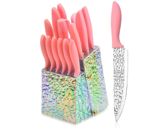 Kitchen Knife Set Non Stick Knives with Storage Serrated Steak Knife, Chef Knife, Bread Knife, Scissors, Sharpener, 15Pcs Sharp Cutlery Block Sets for Home & Pro Use Pink Handle Stainless Steel Blade
