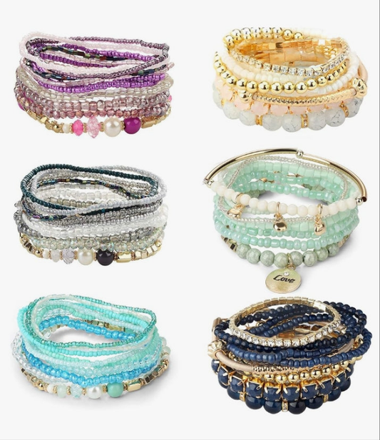 6 Sets Bohemian Stackable Bead Bracelets for Women Stretch Bohemian Style Stretch Multilayered Boho Bracelet Set