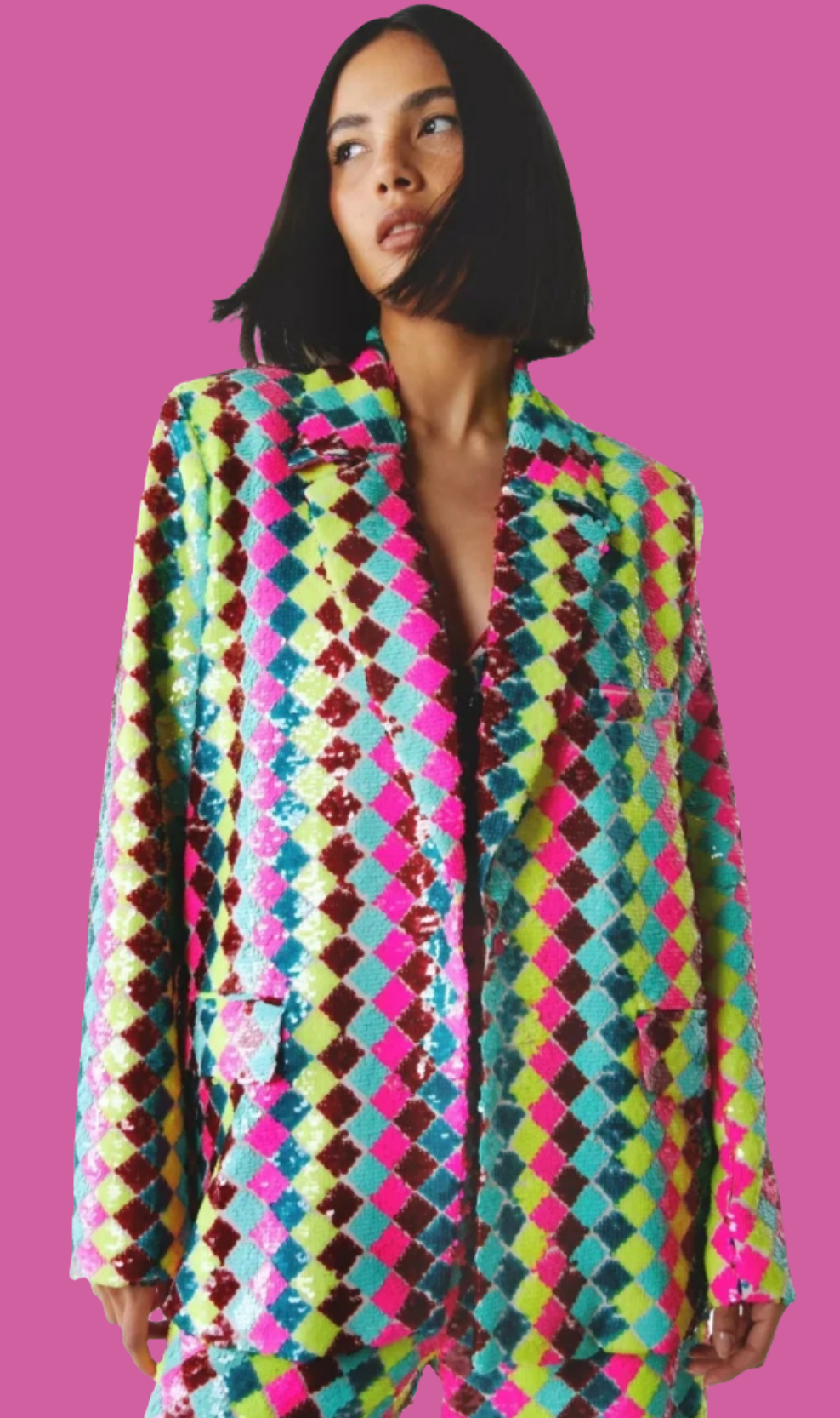 COCOMONEY Rainbow Sequin Patchwork Blazer Two Piece Pant Set-Multicolor