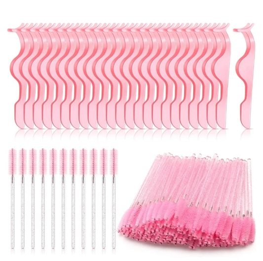 24 Pieces Plastic Eyelash Extension Tweezers False Eyelash Applicator Tool Eyelash Auxiliary Clip and 100 Pieces Eyelash Brush Mascara Wands Applicator for Eyelash Application (Pink)