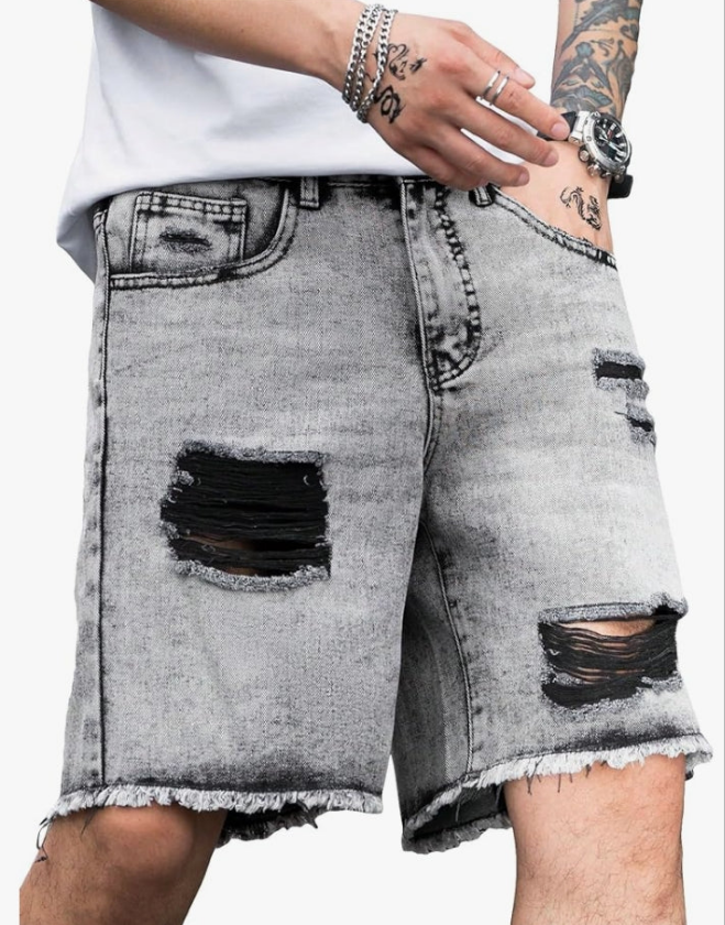 Men's Ripped Distressed Raw Trim High Waist Straight Leg Denim Shorts
