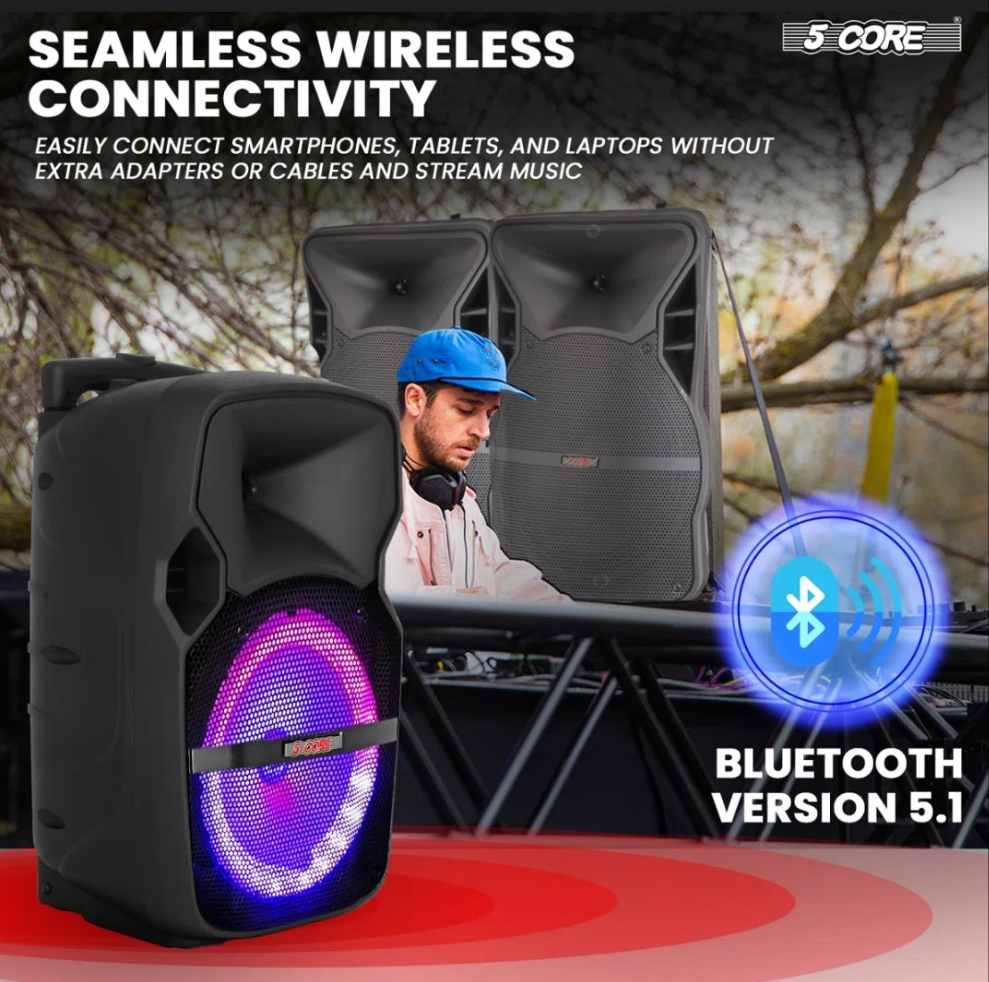 Party Speaker Bluetooth 400W Big Powered Rechargeable Outdoor PA DJ System w 2 Wireless Mics