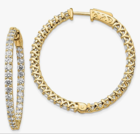 Solid 14K Gold Diamond Round Hoop w/Safety Clasp Earrings