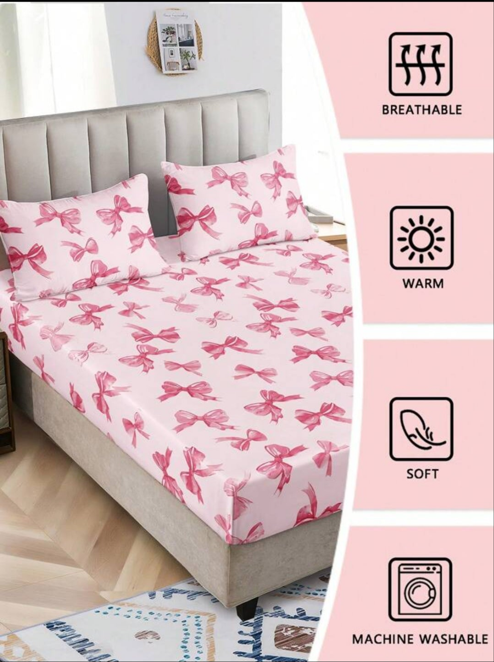 3pcs Watercolor Pink Bow Girly Cute Digital Print Bedding Set (1 Bedsheet + 2 Pillowcases, No Comforter), Daily Use Polyester Fiber Soft & Skin-Friendly, Suitable For Master/Guest/Kids Bedroom, All Seasons