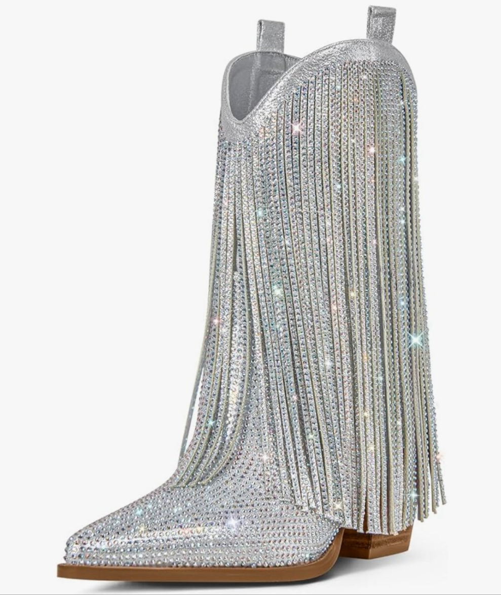 Cowgirl Boots Rhinestone with Sparkly Fringe Pointed Toe Western Boot Chunky Heel Pull-On Wide Calf