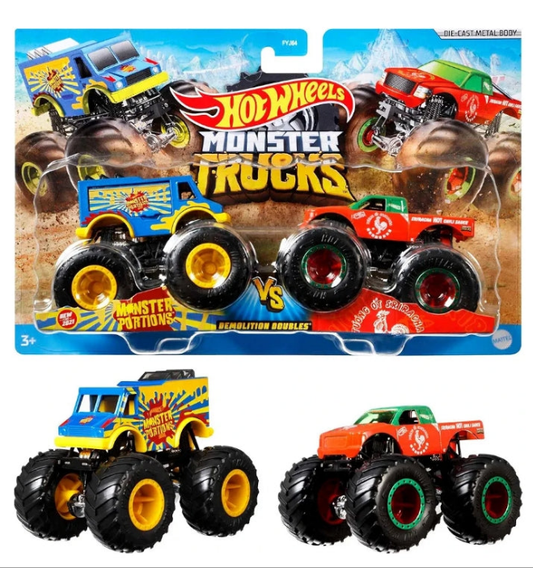The Hot Wheels Monster Trucks Demolition Doubles pack doubles the action with two Monster Trucks ready to square off in head-to-head battles! Each of the two die-cast vehicles is 1:64 scale and features the giant wheels and big personalities kids 3 years