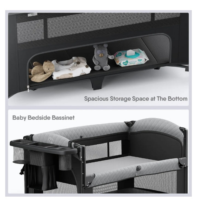 4 in 1 Baby Bassinet with Bedside Sleeper, Baby Crib, Playard, Changing Table, Comes with Toy Bar, Mattress, Mosquito Net, Bottom Storage - Obee Odee