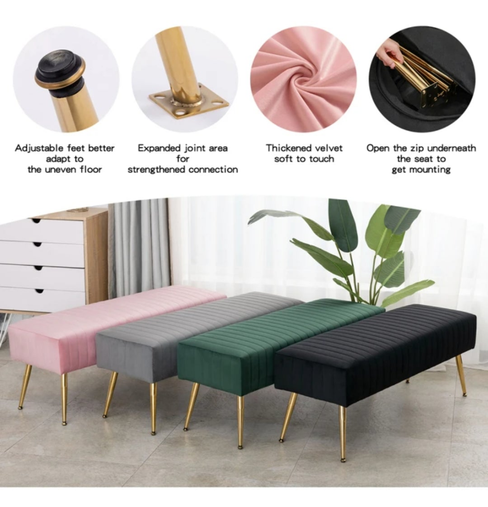 44.75" Tufted Bed Bench Modern Velvet Upholstered Ottoman Bench With Gold Legs Luxurious Makeup Vanity Bench With Padded Seat For Entryway Cloakroom End Of Bed Bench As Room Decor iron