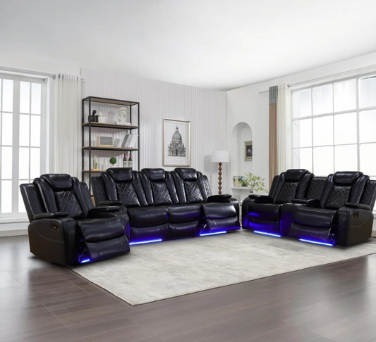 3 Piece Power Reclining Faux Leather with LED Light Living Room Set Movie room Living Room Ding Room Game Room