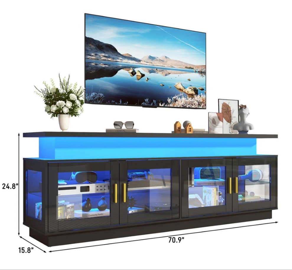 High Gloss TV Stand with Power Outlet and LED Light for TVs up to 80"