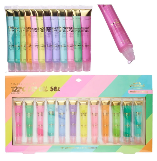 12pc Lip Oil Set - Flavored Lip Oils Value Pack, Hydrating Lip Oils w/Squeeze Tube Application, Moisturizing Lip Oil Collection for Everyday Lip Care and Lip Repair (RAINBOW)