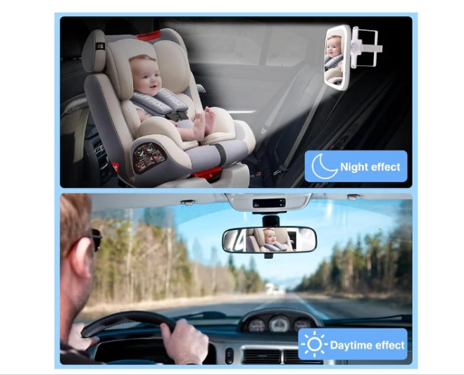 Smart Baby Car Mirror with Lights, Voice Control Safety Car Seat Mirror for Baby Rear Facing Infant with Wide Crystal Clear View, Shatterproof, Fully Assembled, Crash Tested and Certified