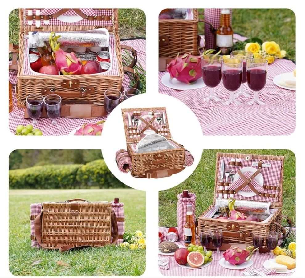 Picnic Basket for 2, Bridal Shower Gift Wedding Gifts with Mr Mrs Wine Glasses and Greeting Card, Engagement Newly Weeding Gifts for Couples 2025, Wicker Picnic Set Kit with Blanket Cooler for Beach