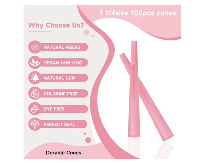 MaterialNatural Fibers
Material FeatureNatural
Sheet Count100
Sheet Size108mm or 4.2 inches
Product Dimensions4.2"L x 4.2"W
Include:100 PCS pre Rolled Cones with Loader and Packing Sticks
Material：It uses finest natural fibers to make colorful pre roll co