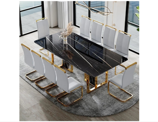 79in Dining Table Set For 10,Kitchen Table Chairs Set With Glossy Faux Mareble Table Top ,Black Rectangle Dining Room Table Set For 10,11 Piece Kitchen Table And Chairs Set For Kitcken Dining Room