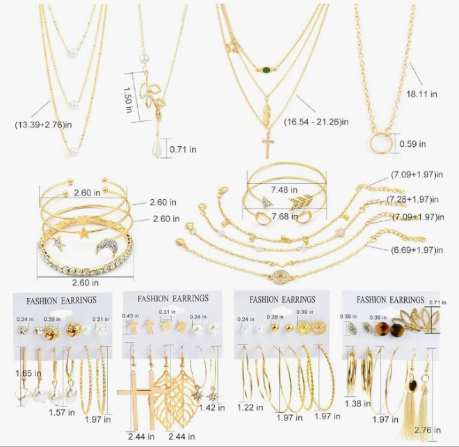 38 PCS Gold Jewelry Set with 4 PCS Necklace,10 PCS Bracelet,24 PCS Layered Ball Dangle Hoop Stud Earrings for Women Jewelry Fashion and Valentine Birthday Party Gift