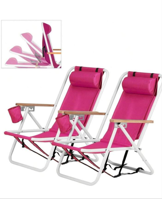 Folding Beach Chair Adjustable Headrest W/4 Flexible Tilt Angle, Cup Holder Portable High Strength Cleanable Fabric, For Sand Camping Lawn Concert Travel Festival