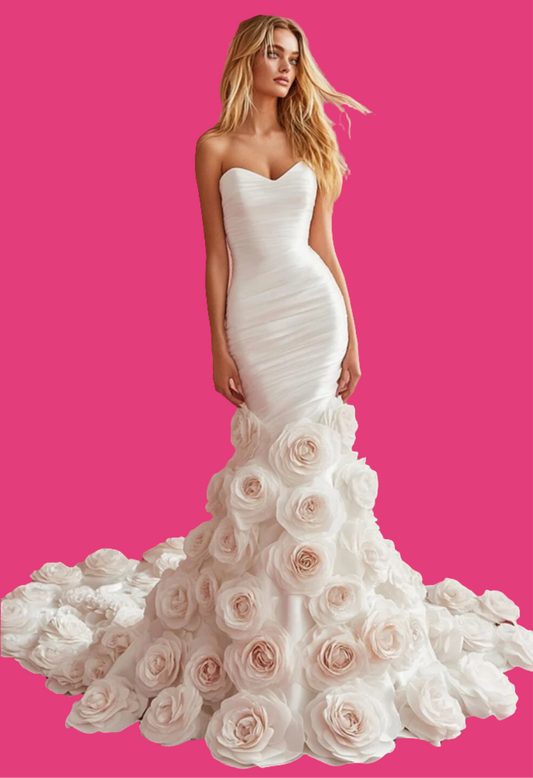 Strapless 3D Floral Fishtail Maxi Dress-White [Custom-Made]