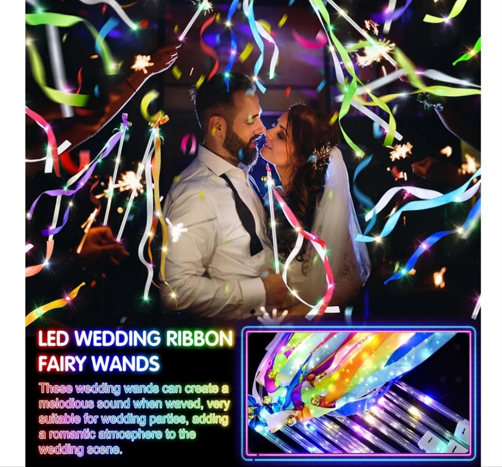 Light Up Wands,Wedding Wands with 3 Colorful Flashing Modes,LED Silk Fairy Wands with Bells,Glow Ribbon Streamers for Wedding,party 4th of July birthday party