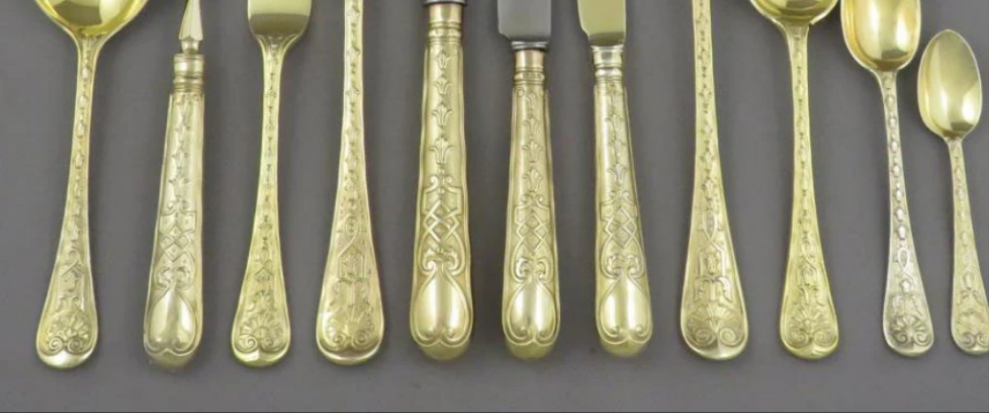 Elizabethan Pattern Silver Gilt Flatware Service for 18
