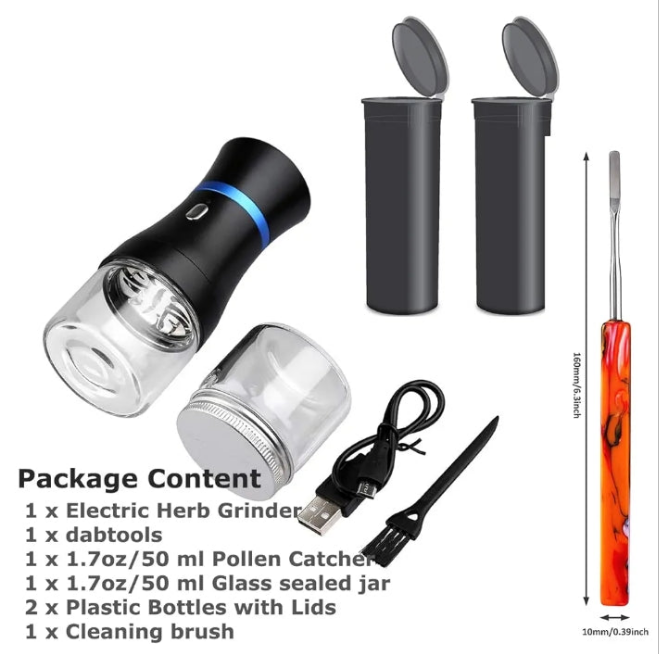 Electric Herb Grinder COMPACT for Flower Buds, USB-Rechargeable, 2pcs 1.7oz Glass Herb Chamber - Ideal for Everyday Carry (Electric Grinder Set 3)