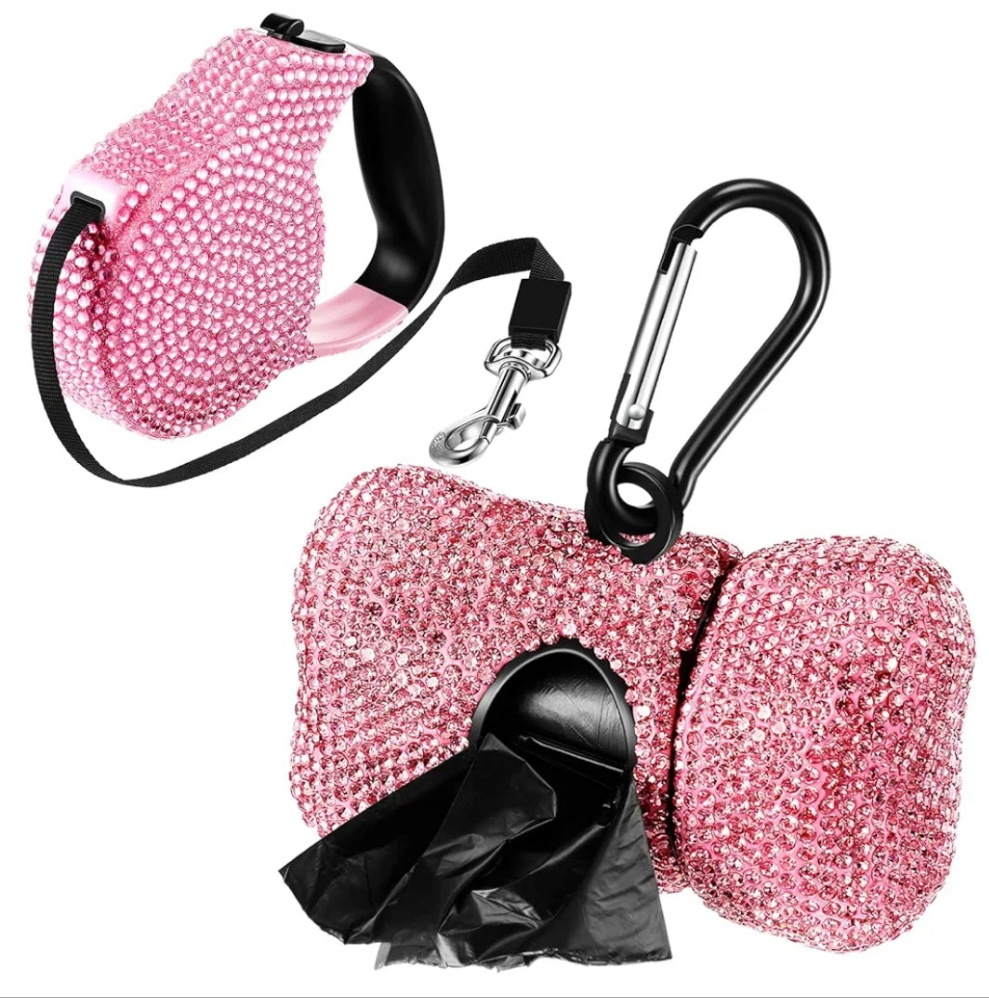 2 Pack Rhinestone Retractable Dog Leash and Bag Holder Set Pink Bling Bone Shaped Pet Waste Bags Dispenser with Metal Clip Heavy Duty Dog Leash for Most Puppy
