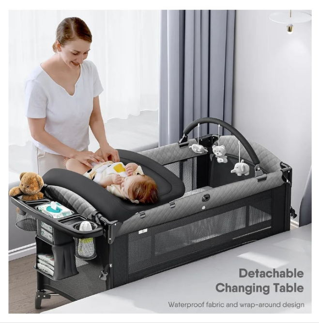4 in 1 Baby Bassinet with Bedside Sleeper, Baby Crib, Playard, Changing Table, Comes with Toy Bar, Mattress, Mosquito Net, Bottom Storage - Obee Odee