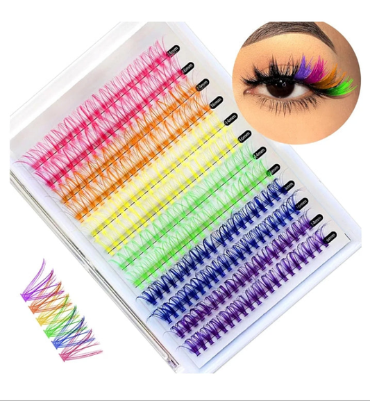 COCOMONEY Colored Lash Clusters, Fake Eyelash Extension Kit, DIY 6 Colors Individual Anime Lashes, Colored False Eye Lashes Kit for Beginners, 14/16mm D Curl Extensions Red, Purple, Green（240pcs)（No Glue）