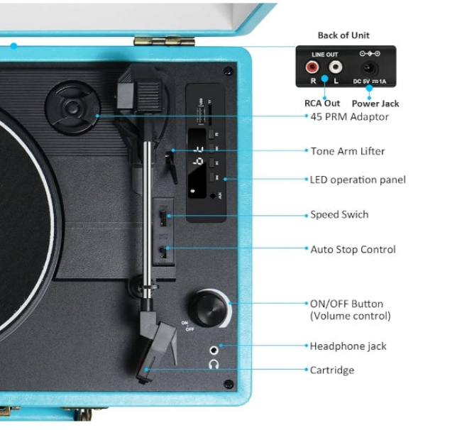 Bluetooth Suitcase Record Player with Built-in Speakers, 3 Speed Portable Turntable with USB Vinyl Audio Recorder RCA AUX-in & Headphone Jack