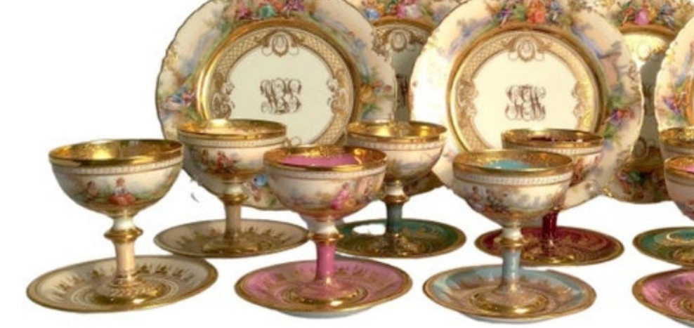 Dresden Ambrosius Lamm Footed Cups and Dessert Plates Set for 10 Hand Painted