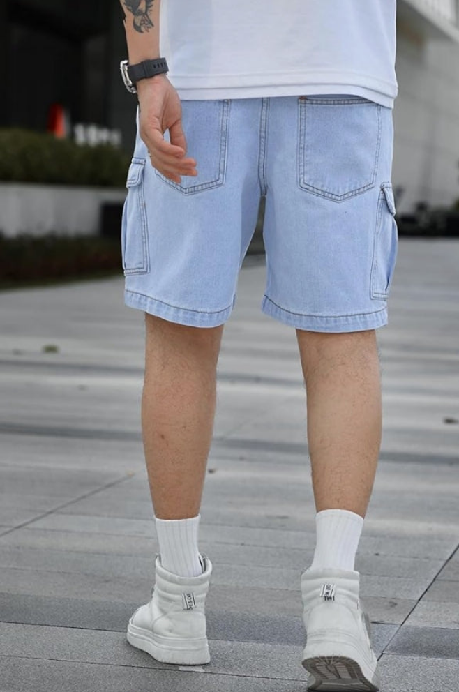 Men's Casual High Waist Straight Leg Denim Cargo Shorts with Pockets