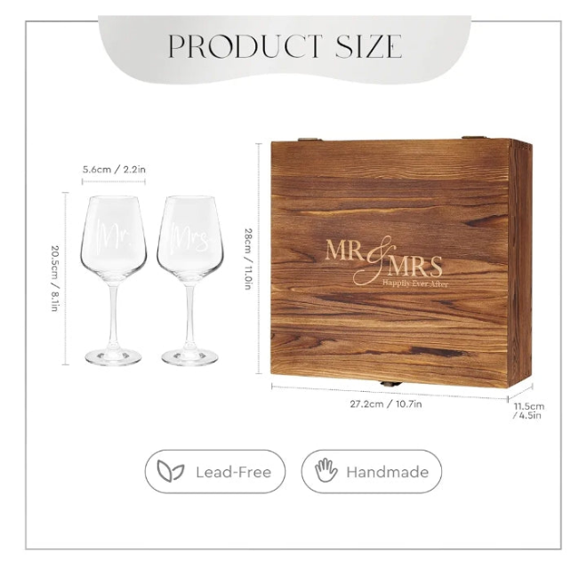 Engagement Gifts for Couples Anniversary Wedding Gifts Bridal Shower Gifts - Mr and Mrs Wine Glasses with Engraved Wooden Keepsake Box