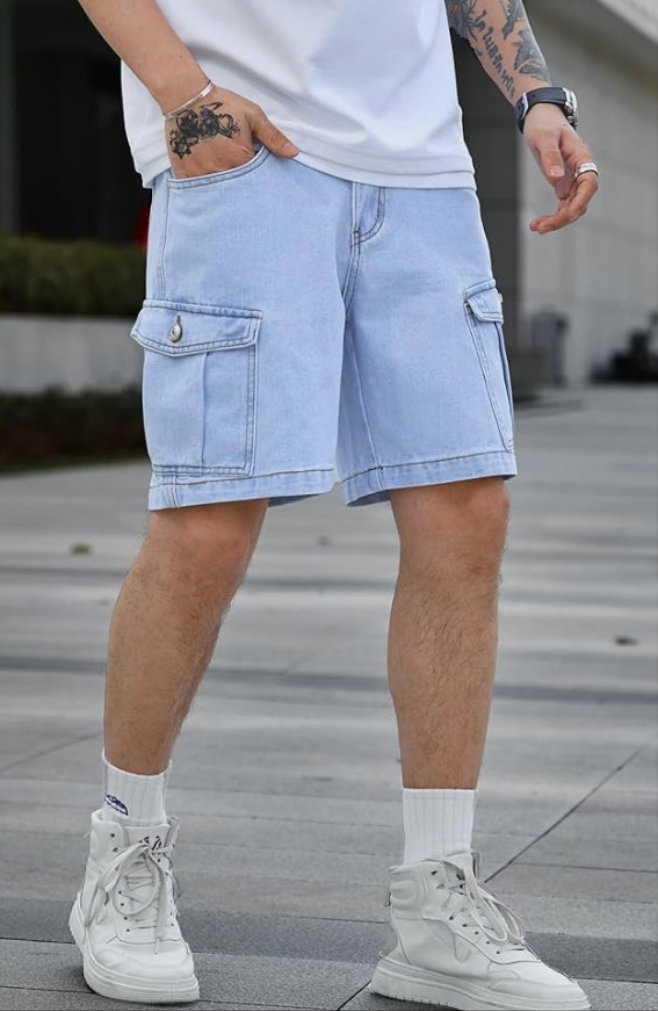 Men's Casual High Waist Straight Leg Denim Cargo Shorts with Pockets