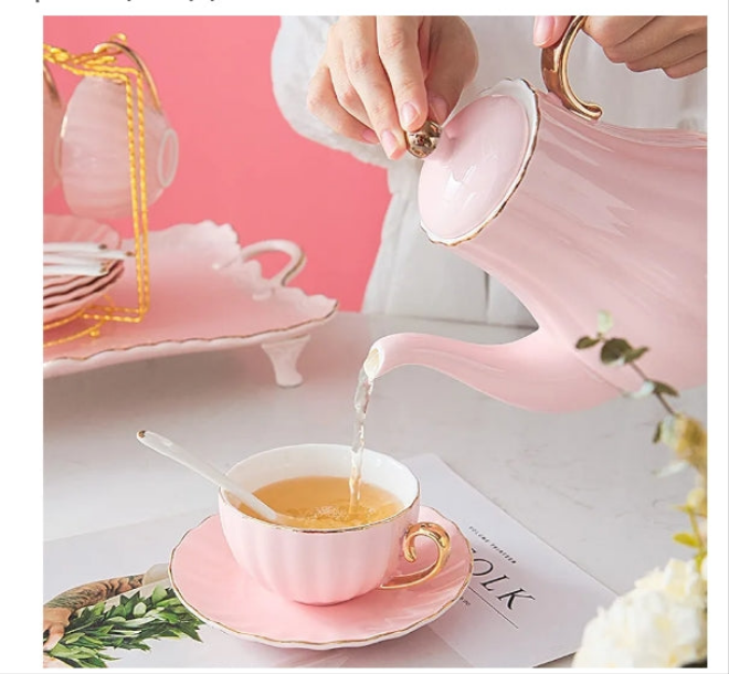 Ceramic Tea Sets, China Coffee Set ，Tea Set, 8 Pieces Porcelain Tea Sets White Ceramic Tea Service for Adults 1 Teapot Set of 6 Coffee Cups with Tray and Teaspoons (Pink) (Color :