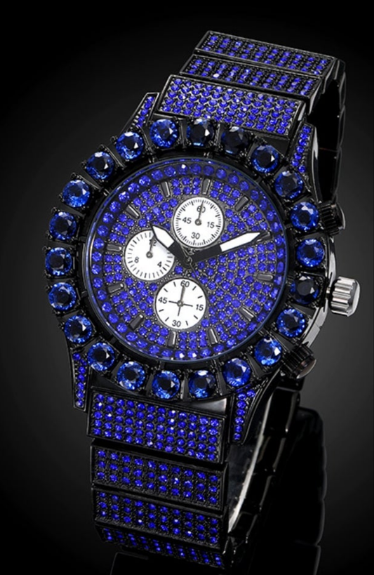 Iced Ruby Round Cut Luminous Men's Watch in Black Gold