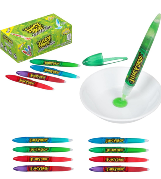 Juicy Drop Sour Candy Gel Pen - 12 Ct Sour Candy Gel Pens in Assorted Fruity Flavors - Sour Candy Variety Pack For Stocking Stuffers, Party Favors, Holiday Candy Gifts For Kids