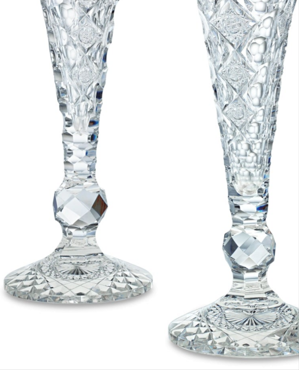 Beautiful Pair of Queens Pattern Trumpet Vases by Hawkes