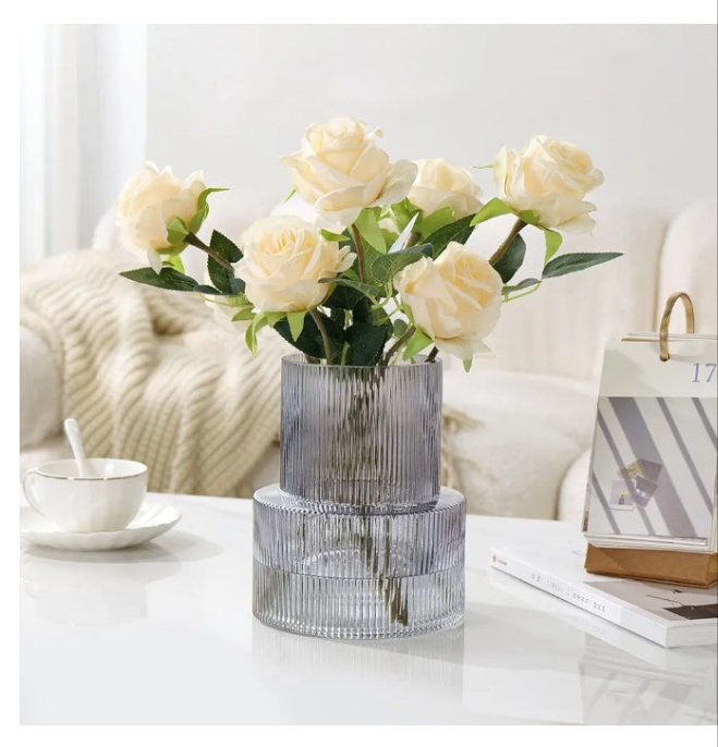 Large Glass Vase Ribbed Vase for Flowers, Flower Vase for Living Room, Modern Grey Fluted Vase for Centerpieces, Dinning Table, Entry Office Decoration