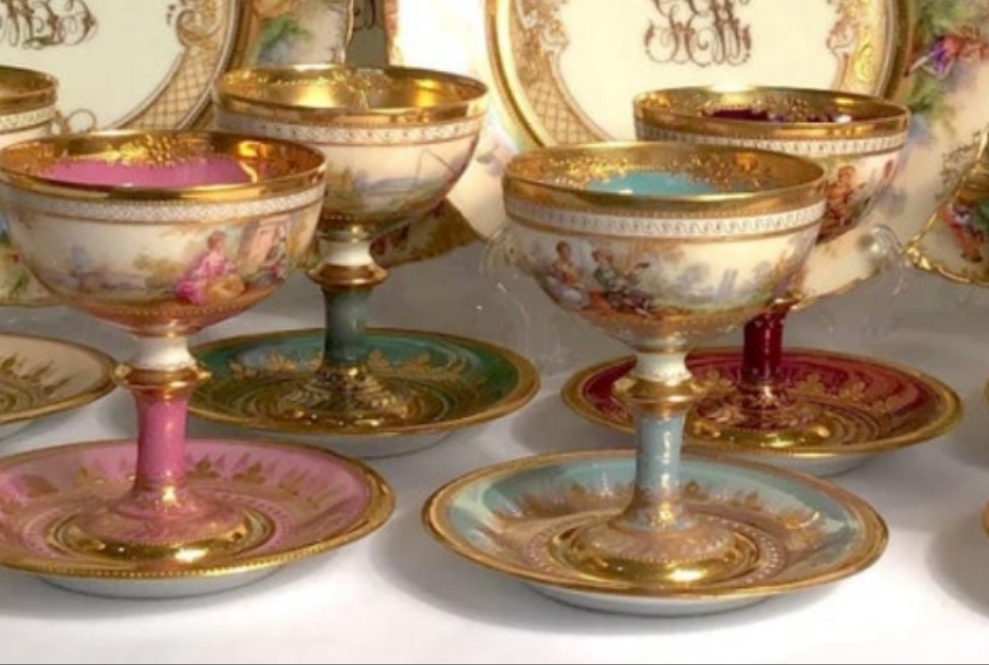 Dresden Ambrosius Lamm Footed Cups and Dessert Plates Set for 10 Hand Painted