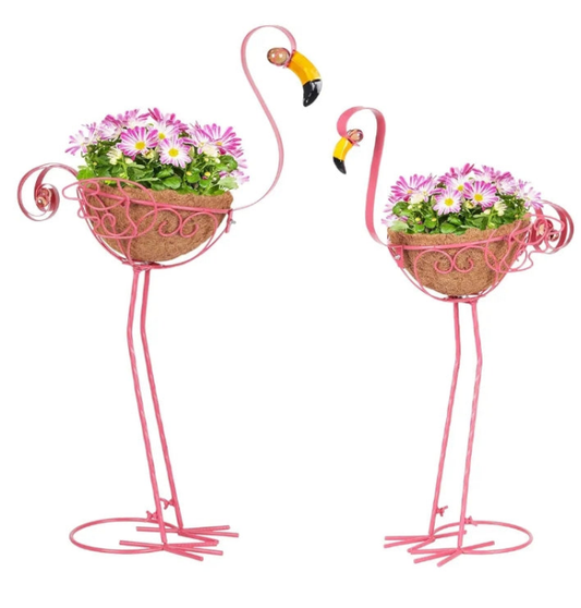 Set of 2 Pink Metal Flamingo Planters with Basket for Indoor Outdoor Garden Yard Decor