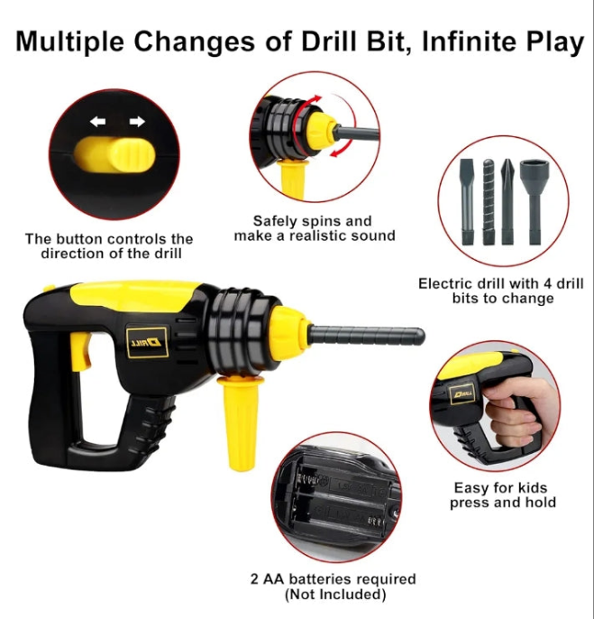 Power Tool Drill Set】The toys drill comes with 4 interchangeable drill bits for different functions, it only requires 2AA batteries that simulate sound and movements, which is more attractive and develop kids' imagination.
【Handheld Tool Kit