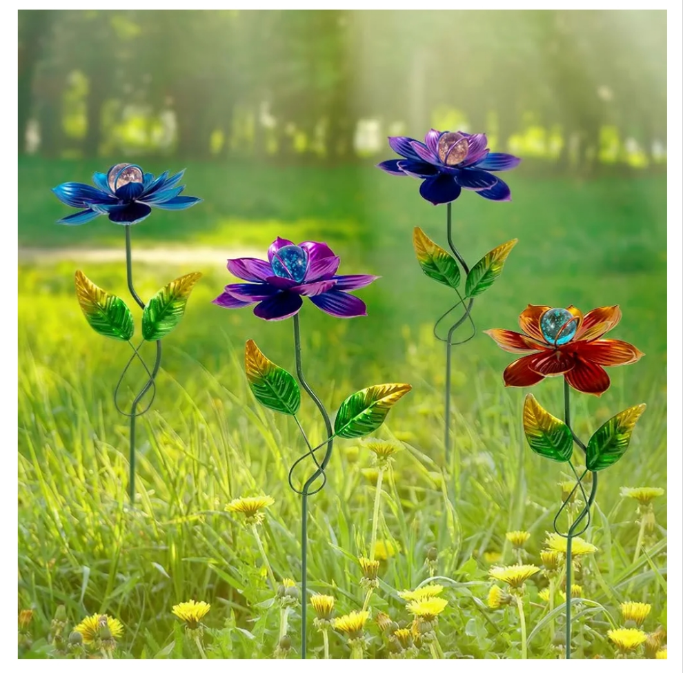 4 Pack Flower Garden Stakes Decor, 12.9 inch Metal Flowers Outdoor Decor Waterproof Metal Flower Sticks for Patio, Lawn, Yard Decorations