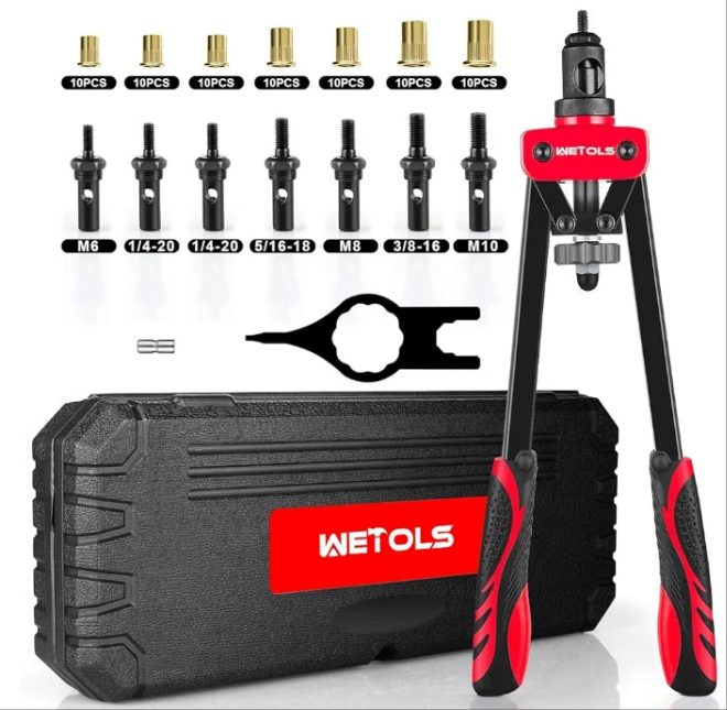 Rivet Nut Tool, Hand Rivet with 7 Metric & Inch Mandrels M6 M8 M10, 1/4-20, 5/16-18, 3/8-16, 70pcs Rivnuts and Blow Carry Case, Steel -