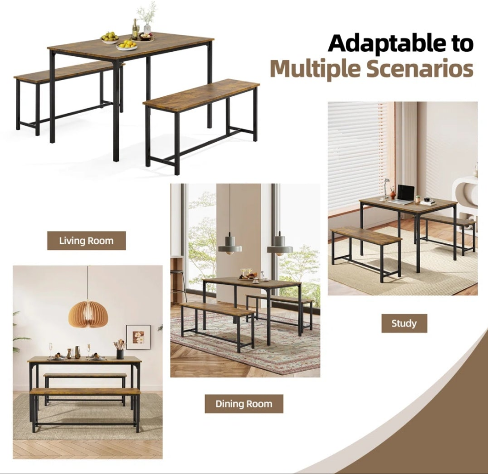 Dining Table Set For 4-6, Ultra-Long Kitchen Table With 2 Benches For Dining